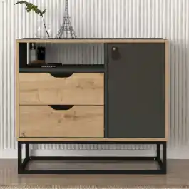 Kommode Dolores - 90x35x80cm - 2 Schubladen und 1 Tür - Eiche Dekor/anthrazit Neu