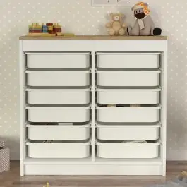 Schnäppchen Spielzeugschrank Yuna - 89x34x52cm - 12 Schubladen - weiß/Eiche Dekor