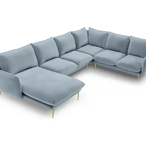 Kostenloser Rückversand Cosmopolitan Design - 7-Sitzer Panoramasofa rechts "Vienna" aus Samt hellblau - 330x235x95cm