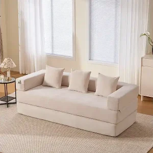 Modulares Sofa - 198 x 79 x 60 cm - umbaubar - mit Seitentaschen - Chenille - beige Beliebt