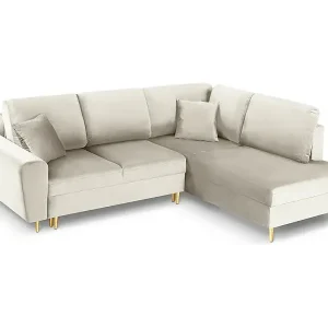 Cosmopolitan Design - 5-Sitzer ausklappbares Ecksofa rechts mit Container "Kyoto" aus Samt leichtes beige - 243x194x88cm Mega-Angebot