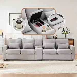 Sichere Zahlung 4-Sitzer-Sofa – 290 x 83 x 88 cm – mit 2 Getränkehaltern, 2 USB-Anschlüssen, 2 Taschen und 4 Kissen – Leinenstoff – Grau