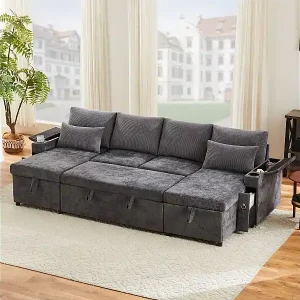 Markenware 4-Sitzer-Schlafsofa – 272 x 131 x 84 cm – mit Getränkehaltern, Stauraum und Kissen – Samt – grau