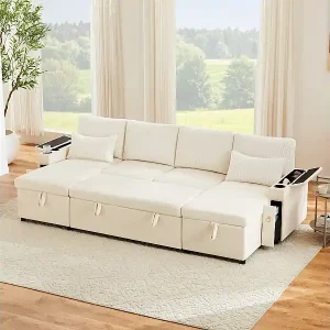 Super-Preis 4-Sitzer-Schlafsofa – 272 x 131 x 84 cm – mit Getränkehaltern, Stauraum und Kissen – Samt – beige