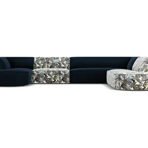 Begrenztes Angebot CXL by Christian Lacroix - 7-Sitzer Panoramasofa rechts "Charles" Sitzer aus Samt blaues gartenmotiv - 366x273x69cm