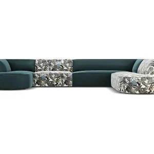 Sonderangebot CXL by Christian Lacroix - 7-Sitzer Panoramasofa rechts "Charles" Sitzer aus Samt blaues gartenmotiv - 366x273x69cm