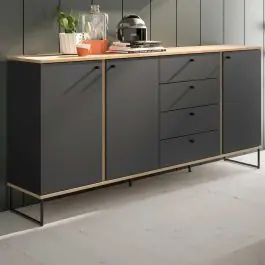Sideboard Kandoo - 180x38x89cm - 3 Türen und 4 Schubladen - Anthrazit/Eiche Dekor Beliebt
