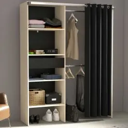 Solange Der Vorrat Reicht Balu Offener Kleiderschrank - 143x48x182cm - mit Vorhang - Akazie/Schwarz