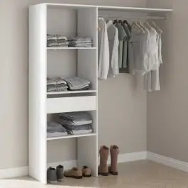Kleiderschrank Botan D - 160cm, 1 Schublade, 3 Einlegeböden und 1 Kleiderstange - weiß Schneller Versand
