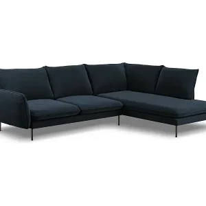 Cosmopolitan Design - 6-Sitzer Ecksofa rechts "Vienna" aus Samt dunkelblau - 275x185x95cm Geprüft