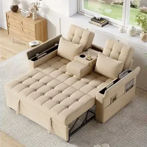 2-Sitzer-Schlafsofa mit Stauraum und verstellbarer Rückenlehne – 159 x 142,5 x 92 cm – Baumwolle und Leinen – beige Letzte Chance