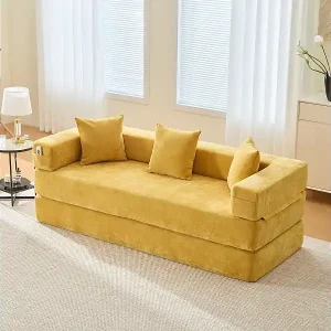 Modulares Sofa - 198 x 79 x 60 cm - umbaubar - mit Seitentaschen - Chenille - gelb Top-Angebot