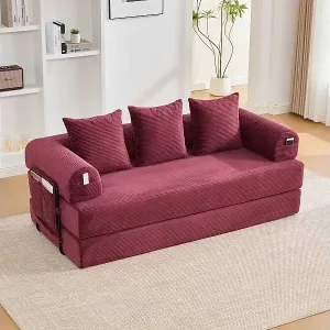 Zertifiziert 3-Sitzer-Schlafsofa – 200 x 94 x 67 cm – mit Seitentaschen + 3 Kissen – Samt – rot