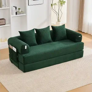 Zertifiziert 3-Sitzer-Schlafsofa – 200 x 94 x 67 cm – mit Seitentaschen + 3 Kissen – Samt – grün