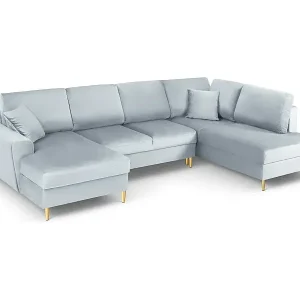 Gratis Versand Cosmopolitan Design - 7-Sitzer ausklappbares Panoramasofa mit Bettkasten rechts "Kyoto" aus Samt hellblau - 313x194x88cm