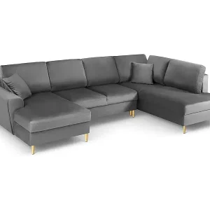 Cosmopolitan Design - 7-Sitzer ausklappbares Panoramasofa mit Bettkasten rechts "Kyoto" aus Samt hellgrau - 313x194x88cm Direkt Vom Hersteller