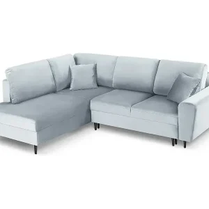 Cosmopolitan Design - 5-Sitzer ausklappbares Ecksofa links mit Container "Kyoto" aus Samt hellblau - 243x194x88cm Super-Preis