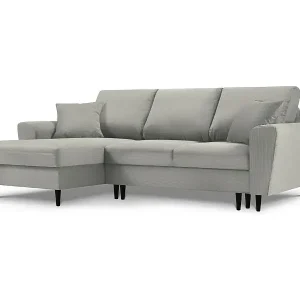 Cosmopolitan Design - 4-Sitzer ausklappbares Ecksofa links mit Container "Kyoto" aus Cord hellgrau - 241x145x88cm Preisknaller