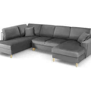 Sonderaktion Cosmopolitan Design - 7-Sitzer ausklappbares Panoramasofa mit Bettkasten links "Kyoto" aus Samt hellgrau - 313x194x88cm