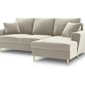 Must-Have Cosmopolitan Design - 4-Sitzer ausklappbares Ecksofa rechts mit Container "Kyoto" aus Samt leichtes beige - 241x145x88cm