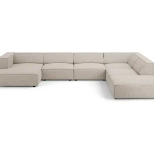 Cosmopolitan Design - 7-Sitzer Panoramasofa rechts "Arendal" aus Chenille-Stoff mit Rippeneffekt dunkelbeige - 364x262x70cm Letzte Chance