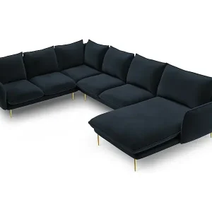 Zertifiziert Cosmopolitan Design - 7-Sitzer Panoramasofa links "Vienna" aus Samt dunkelblau - 330x235x95cm