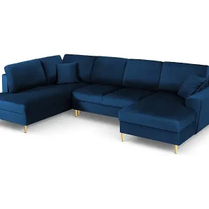 Top-Preis Cosmopolitan Design - 7-Sitzer ausklappbares Panoramasofa mit Bettkasten links "Kyoto" aus Samt königsblau - 313x194x88cm