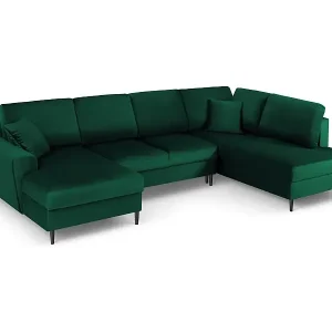 Cosmopolitan Design - 7-Sitzer ausklappbares Panoramasofa mit Bettkasten rechts "Kyoto" aus Samt flaschengrün - 313x194x88cm Zertifiziert