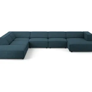 Kracherpreis Cosmopolitan Design - 7-Sitzer Panoramasofa links "Arendal" aus Chenille-Stoff mit Rippeneffekt marineblau - 364x262x70cm