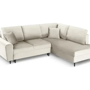 Cosmopolitan Design - 5-Sitzer ausklappbares Ecksofa rechts mit Container "Kyoto" aus Samt leichtes beige - 243x194x88cm Heißes Angebot