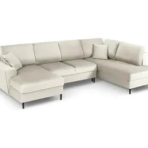 Cosmopolitan Design - 7-Sitzer ausklappbares Panoramasofa mit Bettkasten rechts "Kyoto" aus Samt leichtes beige - 313x194x88cm Zertifiziert