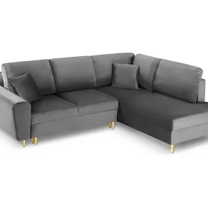 Cosmopolitan Design - 5-Sitzer ausklappbares Ecksofa rechts mit Container "Kyoto" aus Samt hellgrau - 243x194x88cm Neu Im Sortiment
