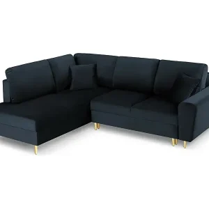 Geprüft Cosmopolitan Design - 5-Sitzer ausklappbares Ecksofa links mit Container "Kyoto" aus Samt dunkelblau - 243x194x88cm