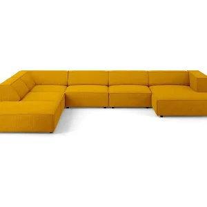 Kostenloser Rückversand Cosmopolitan Design - 7-Sitzer Panoramasofa links "Arendal" aus Chenille-Stoff mit Rippeneffekt senf - 364x262x70cm