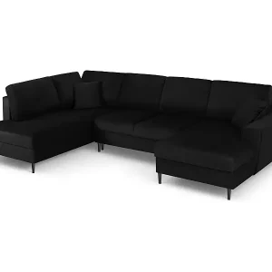 Cosmopolitan Design - 7-Sitzer ausklappbares Panoramasofa mit Bettkasten links "Kyoto" aus Samt schwarz - 313x194x88cm Wochenendangebot