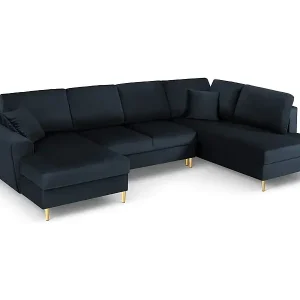 Echt Cosmopolitan Design - 7-Sitzer ausklappbares Panoramasofa mit Bettkasten rechts "Kyoto" aus Samt dunkelblau - 313x194x88cm