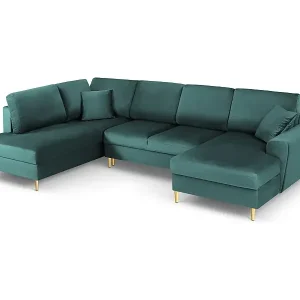 Cosmopolitan Design - 7-Sitzer ausklappbares Panoramasofa mit Bettkasten links "Kyoto" aus Samt petrol - 313x194x88cm Saisonangebot