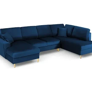 Cosmopolitan Design - 7-Sitzer ausklappbares Panoramasofa mit Bettkasten rechts "Kyoto" aus Samt königsblau - 313x194x88cm Neue Ware