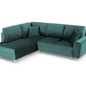 Cosmopolitan Design - 5-Sitzer ausklappbares Ecksofa links mit Container "Kyoto" aus Samt petrol - 243x194x88cm Preiswert