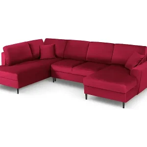 Cosmopolitan Design - 7-Sitzer ausklappbares Panoramasofa mit Bettkasten links "Kyoto" aus Samt rot - 313x194x88cm Schneller Versand