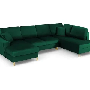 Cosmopolitan Design - 7-Sitzer ausklappbares Panoramasofa mit Bettkasten rechts "Kyoto" aus Samt flaschengrün - 313x194x88cm Neu Im Sortiment