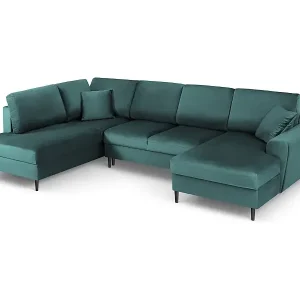 Cosmopolitan Design - 7-Sitzer ausklappbares Panoramasofa mit Bettkasten links "Kyoto" aus Samt petrol - 313x194x88cm Preisknaller