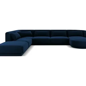 Bestpreis Cosmopolitan Design - 6-Sitzer Panoramasofa links "Tulum" aus Samt königsblau - 330x255x70cm