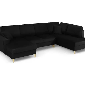 Cosmopolitan Design - 7-Sitzer ausklappbares Panoramasofa mit Bettkasten rechts "Kyoto" aus Samt schwarz - 313x194x88cm Direkt Vom Hersteller