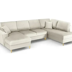 Preisreduziert Cosmopolitan Design - 7-Sitzer ausklappbares Panoramasofa mit Bettkasten rechts "Kyoto" aus Samt leichtes beige - 313x194x88cm