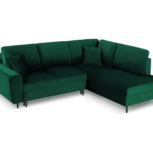 Cosmopolitan Design - 5-Sitzer ausklappbares Ecksofa rechts mit Container "Kyoto" aus Samt flaschengrün - 243x194x88cm Gratis Versand