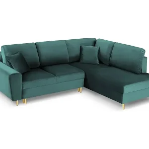 Neuheit Cosmopolitan Design - 5-Sitzer ausklappbares Ecksofa rechts mit Container "Kyoto" aus Samt petrol - 243x194x88cm