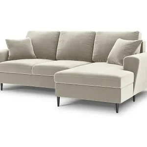 Echt Cosmopolitan Design - 4-Sitzer ausklappbares Ecksofa rechts mit Container "Kyoto" aus Samt leichtes beige - 241x145x88cm