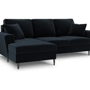 Cosmopolitan Design - 4-Sitzer ausklappbares Ecksofa links mit Container "Kyoto" aus Samt dunkelblau - 241x145x88cm Abverkauf