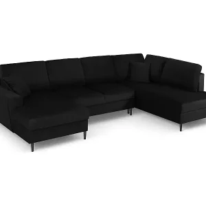 Top-Seller Cosmopolitan Design - 7-Sitzer ausklappbares Panoramasofa mit Bettkasten rechts "Kyoto" aus Samt schwarz - 313x194x88cm